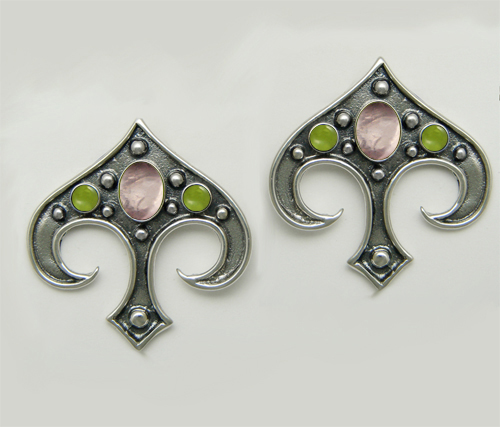 Sterling Silver Gothic Inspired Drop Dangle Earrings With Rose Quartz And Peridot